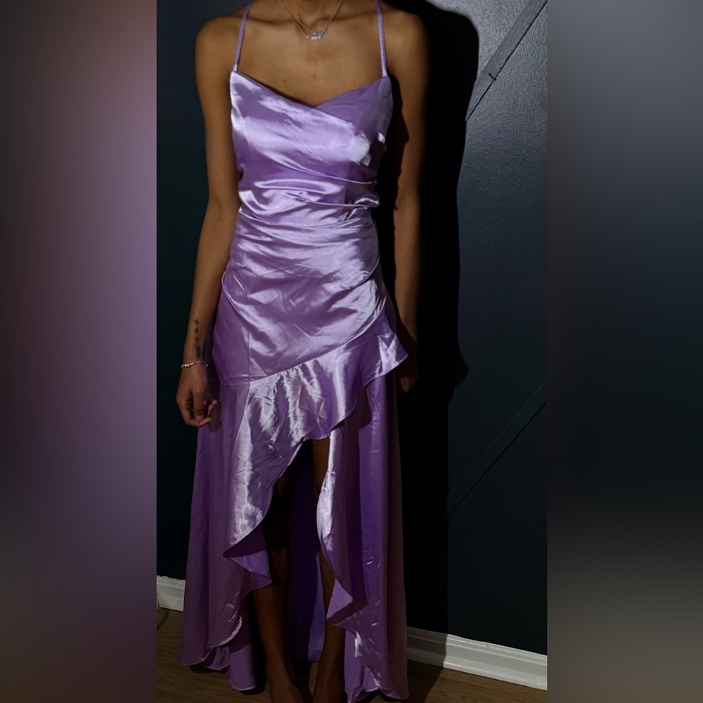 Lavender Purple Satin High-Low Ruffle Hem Bridesmaid Prom Dress Size M